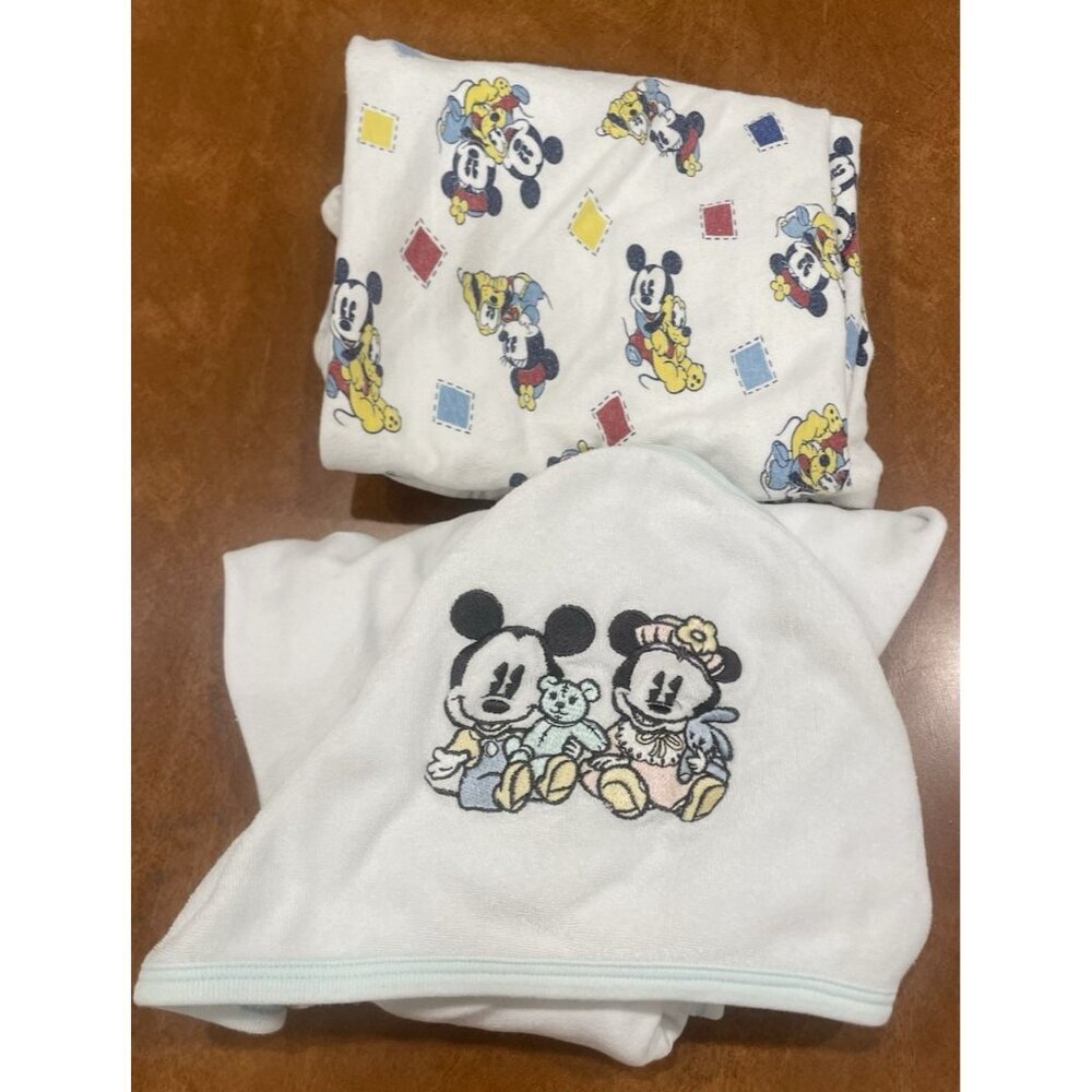 Vintage Baby Mickey & Co Blanket and hooded bath Towel VTG Walt Disney‎ Mouse